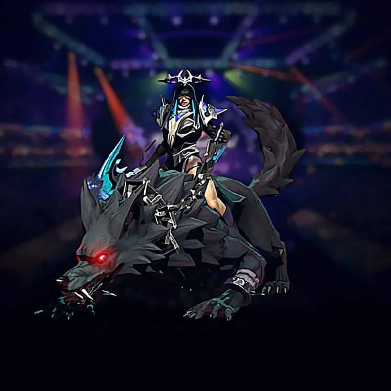 Luna - Bloodmoon Stalker Crownfall 2024 Collector's Cache skin featuring Luna in blue armor wielding a blue aura crescent glaive, and riding a fierce grey wolf mount with glowing red eyes. Perfect for Dota 2 enthusiasts seeking unique, visually stunning in-game aesthetics.