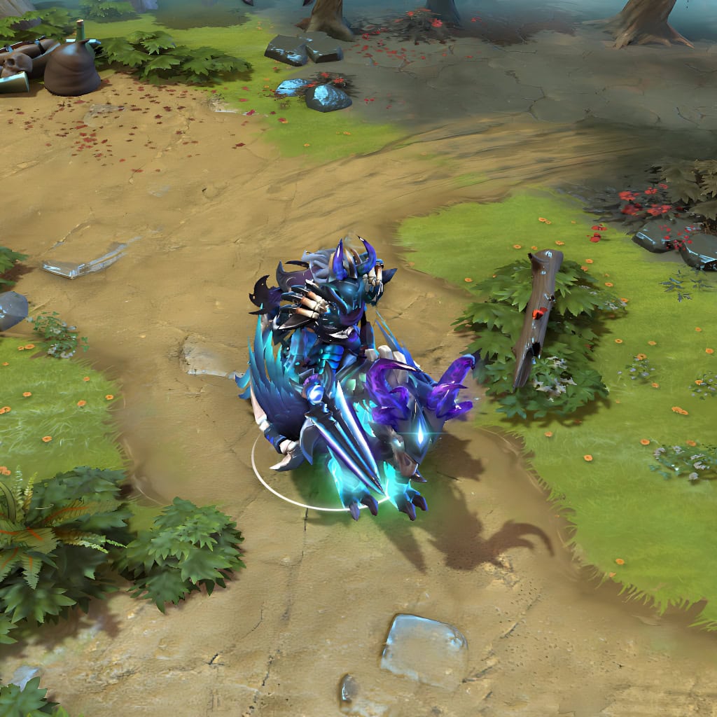 Abaddon shown in-game wearing the Blightfall set. The unique spectral mount with an avian head, Abaddon's dark armor with purple horned helm, and the unearthly teal and violet luminescence from both are clearly visible, showcasing the set's full impact during gameplay.