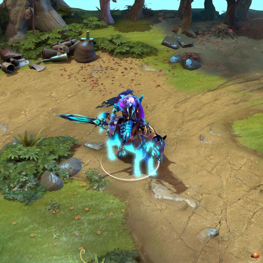 A gameplay screenshot of Abaddon's default model and mount in Dota 2. This serves as a baseline to contrast with the enhanced in-game visuals, haunting blue-green aesthetic, and unique spectral particle effects of the Echoes of the Everblack cosmetic set.