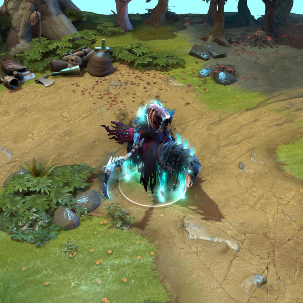 Abaddon shown in-game wearing the Echoes of the Everblack set. The ghastly skeletal mount enveloped in blue-green spectral energy, his menacing hooded visage, glowing armor, and soul-rending scythe are clearly visible, showcasing the set's full impact and custom particle effects.