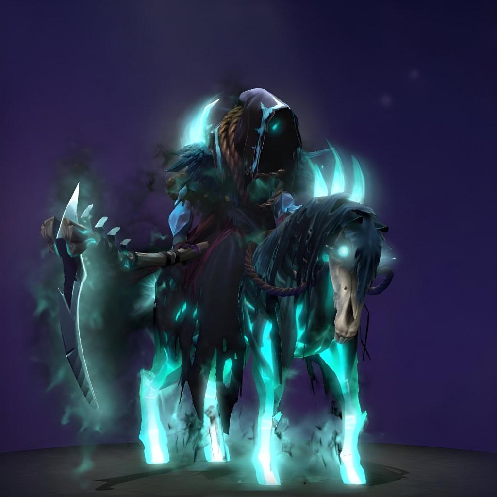 Abaddon's "Echoes of the Everblack" from The International 2019 Collector's Cache. This set reimagines him with a spectral, skeletal steed enveloped in haunting blue-green energy. Abaddon dons a menacing reaper's shroud, armor radiating ethereal glow, and wields a soul-rending scythe crackling with eerie light, creating an aura of dread.