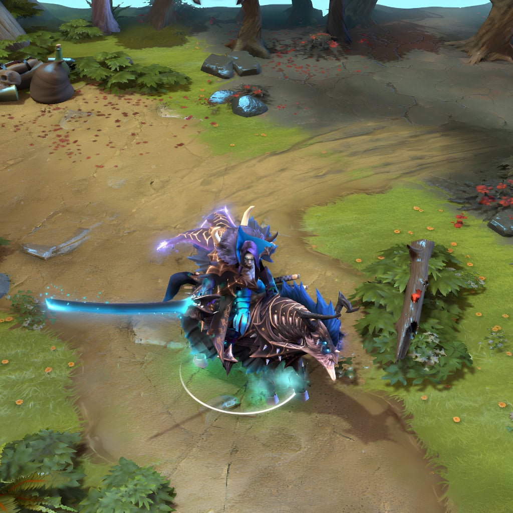 Abaddon shown in-game wearing the Endless Night set. The ghastly Spectral Steed, Grave-Touched Regalia, Ethereal Soul-Blade, and chilling cyan particle effects are clearly visible, showcasing the set's full impact during a match.