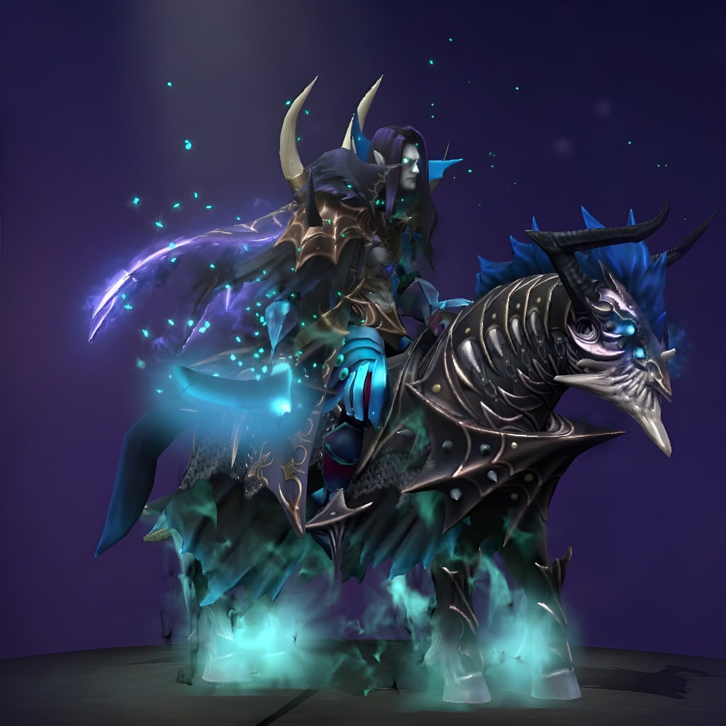 Abaddon's "Endless Night" from The International 2019 Collector's Cache 2. He rides a horned Spectral Steed wreathed in cyan mist and wears dark, ornate Grave-Touched Regalia. A menacing horned helmet, hooded shroud, and pulsing blue mystical energies from his Ethereal Soul-Blade complete the spectral warrior look.