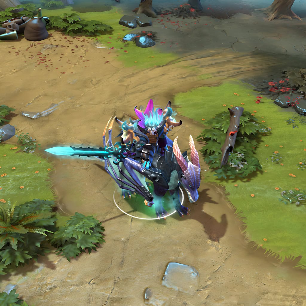 Abaddon shown in-game wearing the Spectral Shadow set. His intricate shadowy armor glowing with blue and violet energies, spiky headpiece with cyan flames, and his formidable spectral drake mount leaving trails of glowing mist are clearly visible, showcasing the set's full impact during a Dota 2 match.
