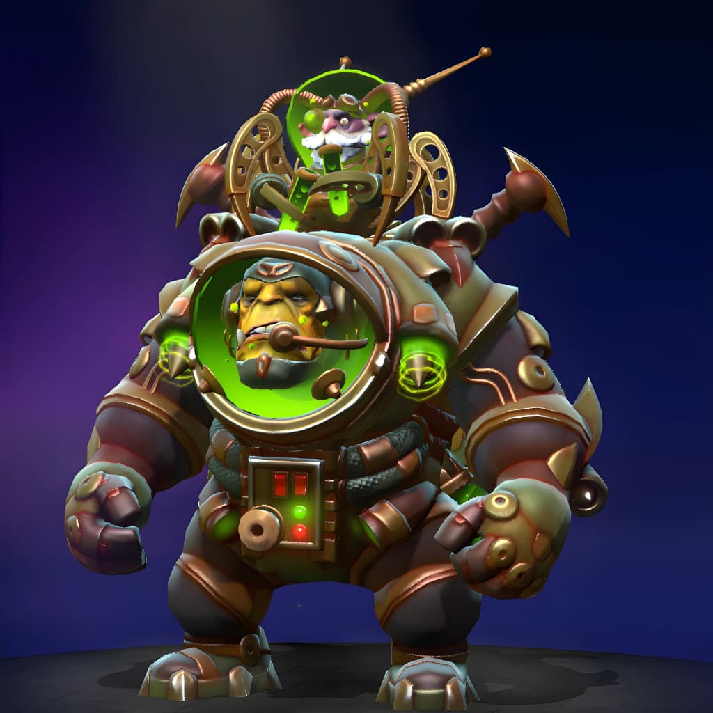 Alchemist's "Cosmic Concoctioneers" Aghanim's 2021 Collector's Cache set. Features a mechanized ogre mount with a bubbling green core, an elaborate alchemical backpack with bronze pipework, and mad scientist goggles for the rider. Vibrant green particle effects highlight the concoctions.