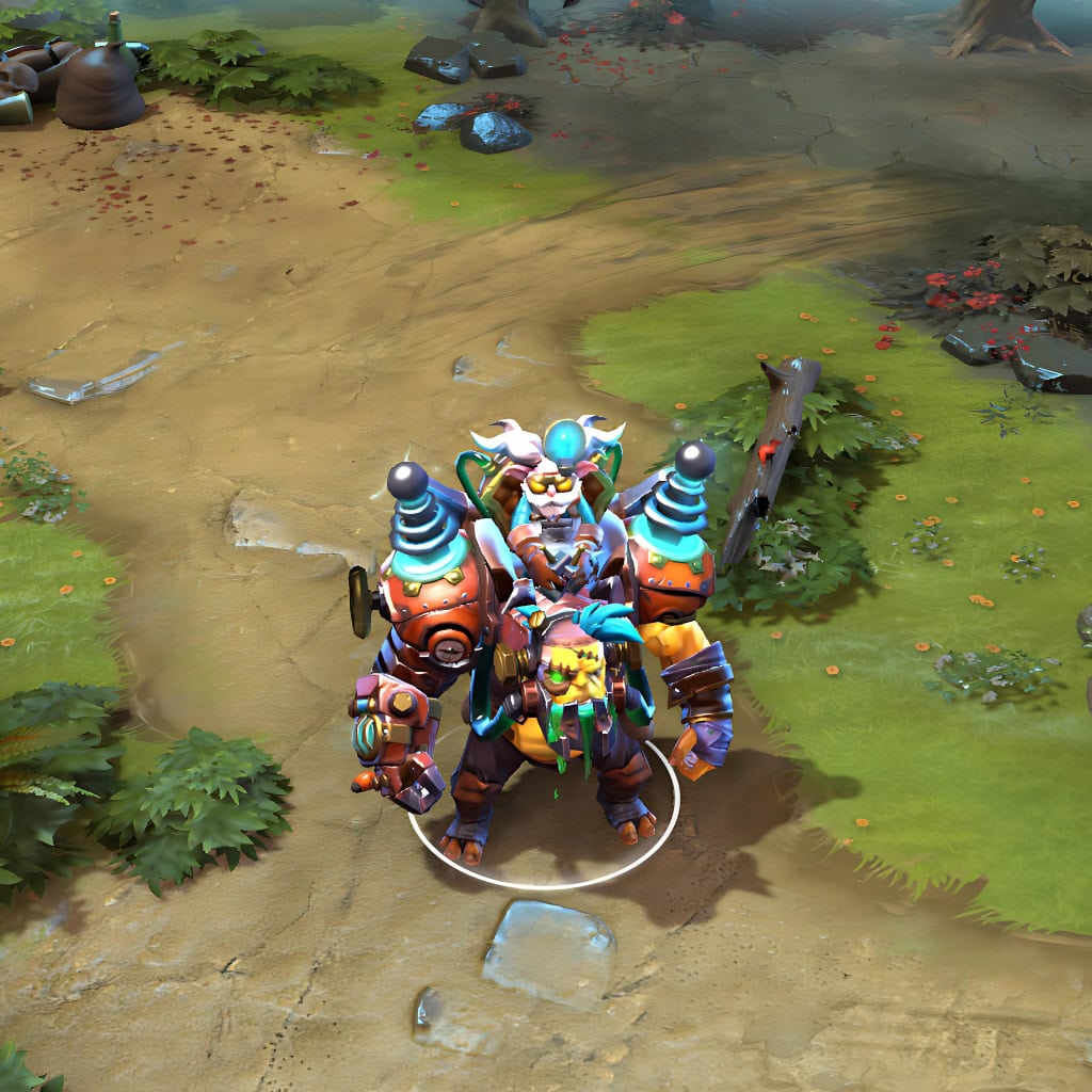 Alchemist shown in-game wearing the Darkbrew's Transgression set. The striking glows from the green ocular implant and blue tesla coils, intricate steampunk armor with pipes and gauges, and the menacing, stitched silhouette of the Ogre are all clearly visible, creating a formidable presence during farming and teamfights.
