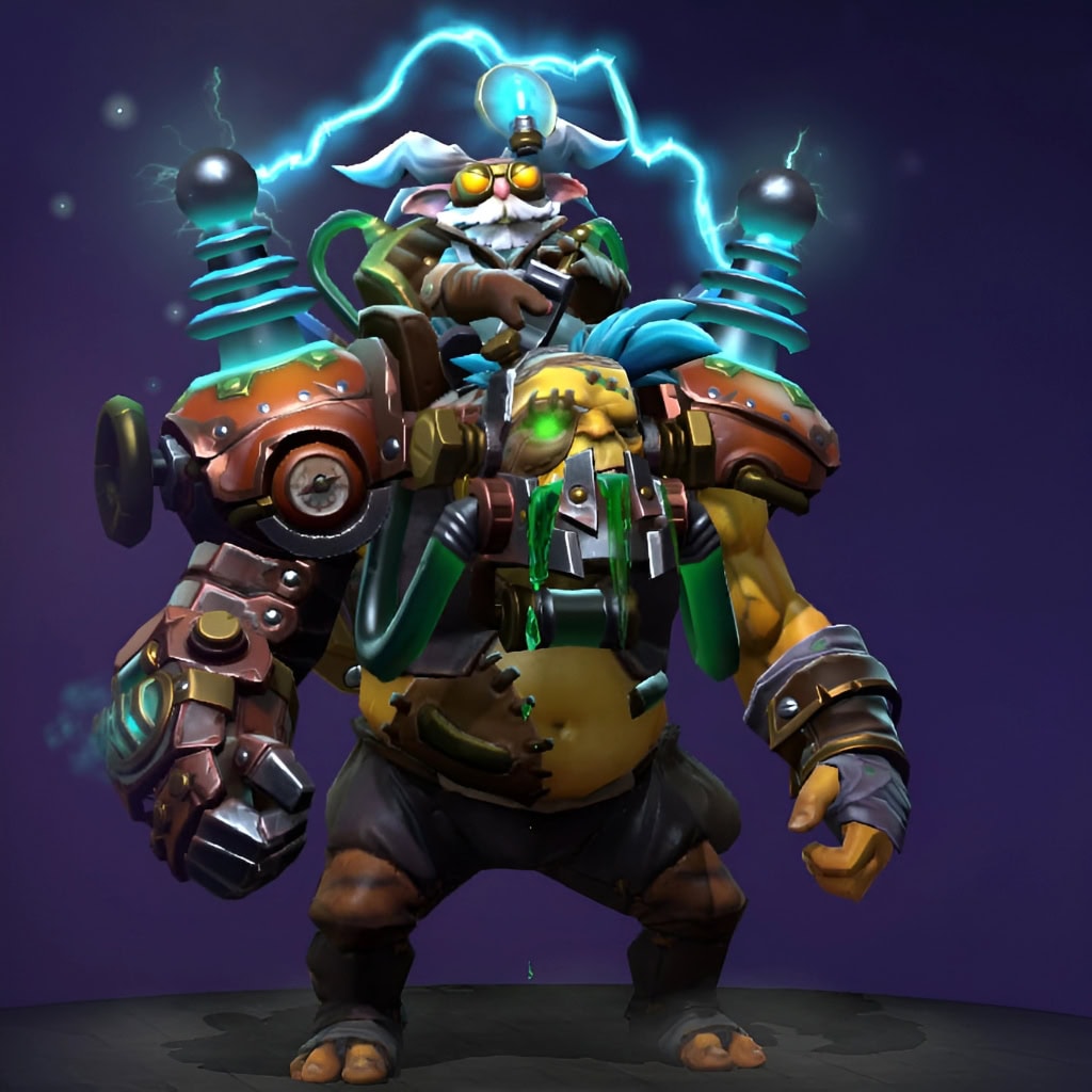 Alchemist's "Darkbrew's Transgression" Diretide 2022 Collector's Cache II set. This cosmetic is a complete steampunk-horror overhaul, featuring a Frankenstein-inspired Ogre with stitched, yellow skin, a glowing green ocular implant, and a breathing mask. Razzil sits atop as a goggled mad scientist, piloting the brute via a copper-and-iron harness with massive, crackling blue tesla coils.