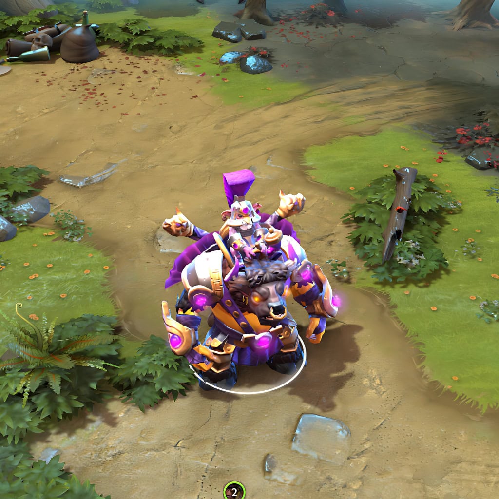 Alchemist shown in-game wearing the Taur Rider set. His ornate gold and purple armor, distinctive plumed purple helmet, and the powerful taur mount with fierce orange glowing eyes are clearly visible, showcasing the set's full impact and unique design during a Dota 2 match.