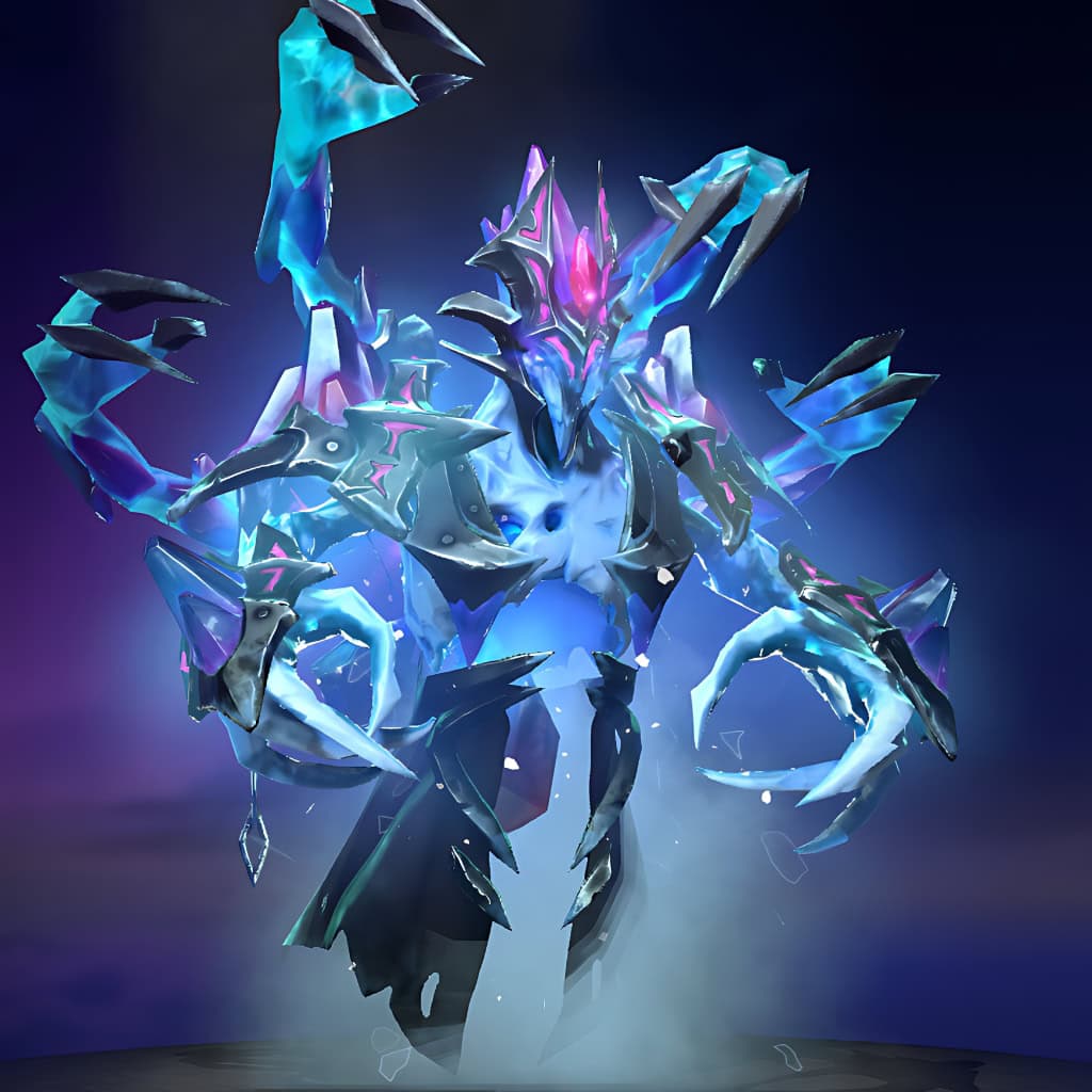 Image of the Apocalypse Unbound cosmetic set for Ancient Apparition, from The International 10 Collector's Cache in Dota 2, featuring a crystalline, fractured appearance with glowing blue and purple shards.