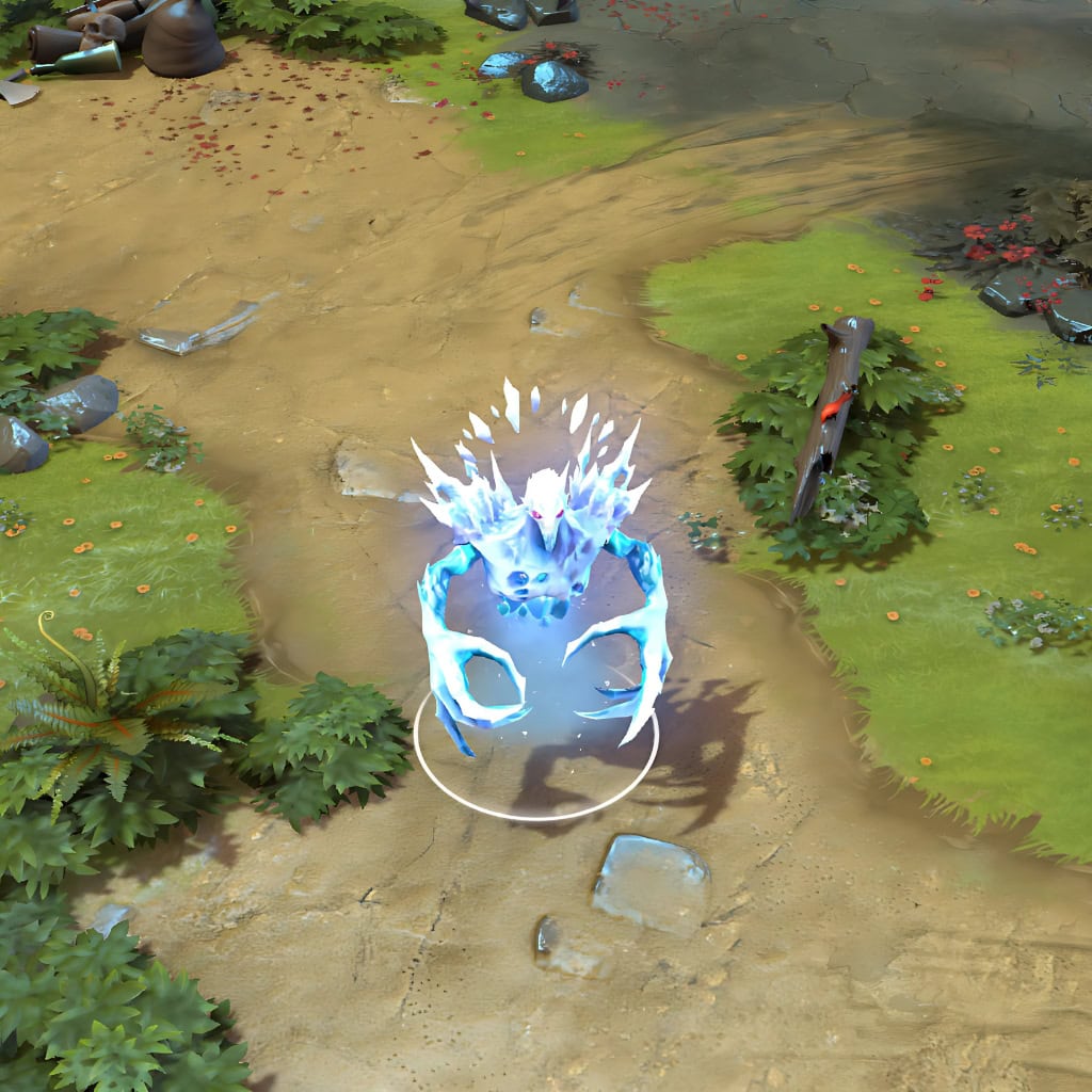 A gameplay screenshot of Ancient Apparition's default model in Dota 2. This serves as a baseline to contrast with the enhanced in-game visuals and unique corporeal aesthetic of the Frozen Nova cosmetic set.