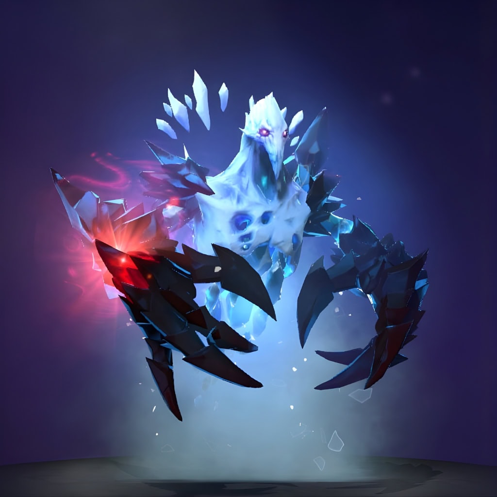 Dota 2 Immortal item, Shatterblast Rule, equips Ancient Apparition with colossal crystalline arms forged from jagged shards with a red and blue glow.