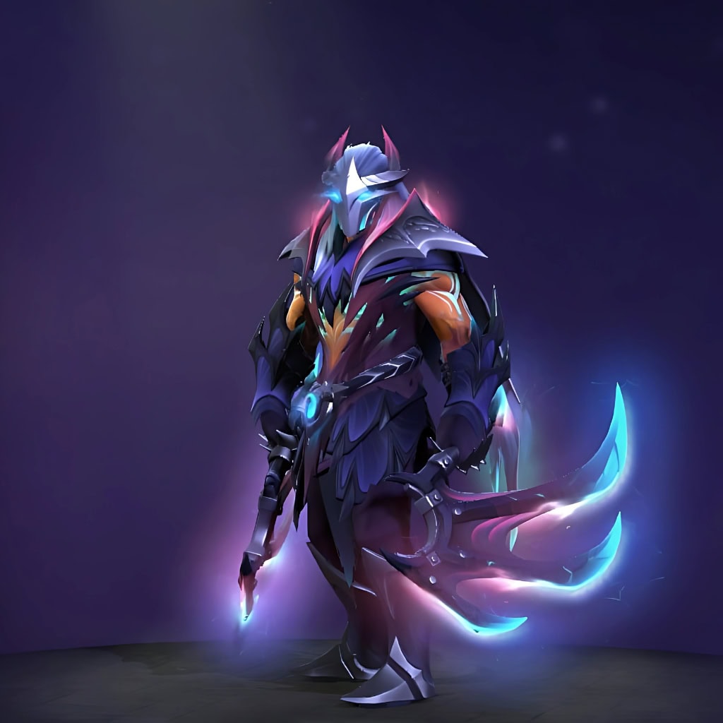 Anti-Mage's "Brands of the Reaper" Diretide 2022 Collector's Cache II set. This skin reimagines him as a ghostly executioner, with a glowing turquoise spectral form visible beneath sharp, dark armor. His warblades are reforged into wicked crescent scythes that crackle with unstable pink and blue lightning, complementing the fearsome visage of his imposing, horned reaper helmet.