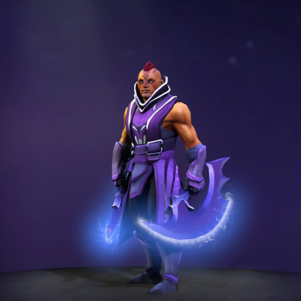 The default skin of Anti-Mage, shown for comparison with the Brands of the Reaper set. This highlights the transformation from his classic monk-like appearance to a ghostly executioner encased in sharp, dark armor with a spectral form and pulsing crescent scythes.