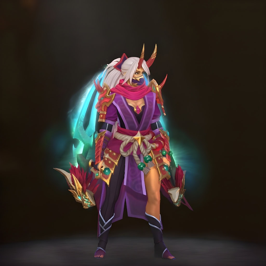Designs of the Dragon set for Anti-Mage Persona Wei from the Winter 2024 Heroes Hoard. This Dota 2 Collector's Cache skin features purple and red robes, horned mask, and dragon-themed blades with teal effects.