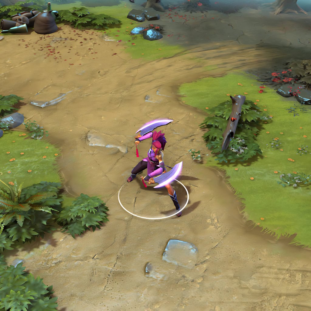 A gameplay screenshot of Wei's default persona model in Dota 2. This serves as a baseline to contrast with the sacred quest aesthetic, significant visual upgrade, and the cosmic purple and blue light pulsing from the custom weapons of the Turstarkuri Pilgrim cosmetic set.