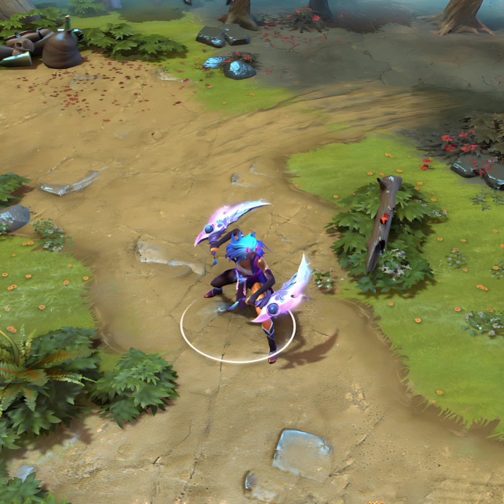 Wei, the Anti-Mage Persona, shown in-game wearing the Turstarkuri Pilgrim set. Her prominent magenta horns, cascade of vibrant blue hair, layered purple fabrics, and imposing crescent blades pulsing with cosmic purple and blue light are clearly visible, showcasing the set's full impact during a Dota 2 match.