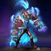 Image of the Ire of the Ancient Gaoler cosmetic set for Arc Warden, from The International 10 Collector's Cache II in Dota 2, featuring a warden fused with his eternal prison, with sharp crimson armor plates, a magnificent ethereal gaol pulsing with blue light on his back, a horned helm, and hands crackling with cosmic particle effects.