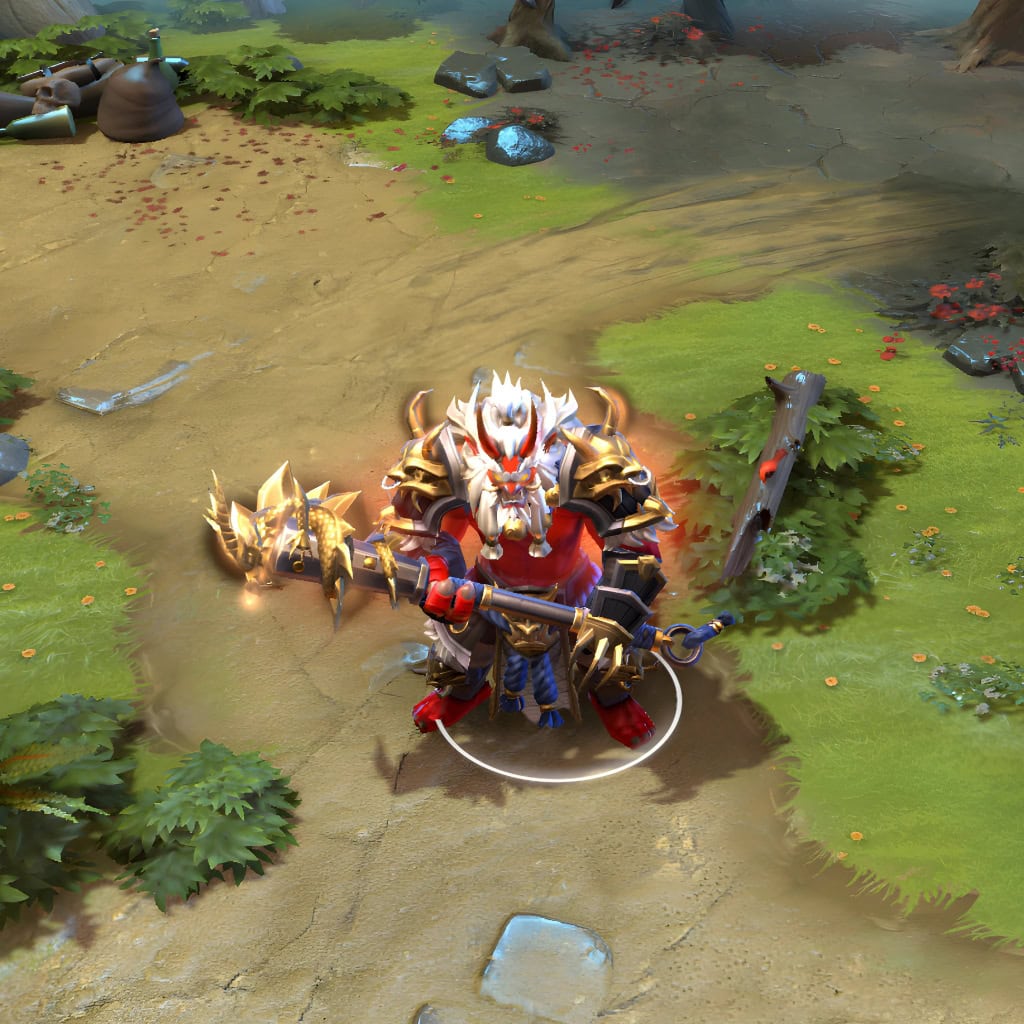 Axe shown in-game wearing the Days of the Demon set. The ferocious Oni visage, ornate black armor with golden demonic motifs, and colossal dragon-headed axe with fiery particle effects are clearly visible, showcasing the set's full impact during gameplay.