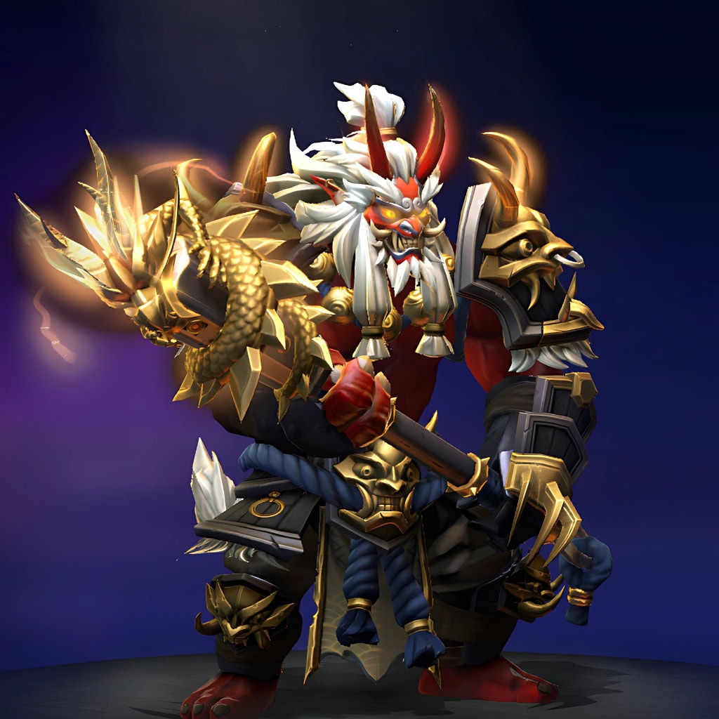 Axe's "Days of the Demon" Aghanim's 2021 Collector's Cache set. Features a ferocious Oni visage with glowing eyes and white hair, ornate black and golden demonic armor, a colossal golden dragon-headed axe, and a vibrant crimson demonic form.