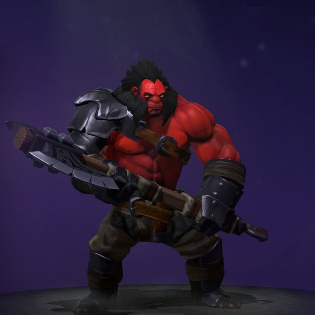The default skin of Axe, shown for comparison with the Shackles of the Enduring Conscript set. This highlights the transformation from his standard look to an intimidating, armored juggernaut with a horned mask, spiked armor, and a brutalist great-axe.