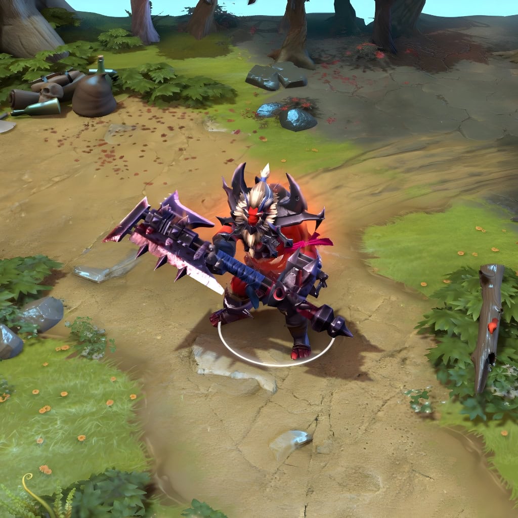 Axe in-game wearing the "Shackles of the Enduring Conscript" set from The International 2018 Collector's Cache II. The Horned Mask of Conquest, Battle-Hardened Armor, and Conscript's Great-Axe are clearly visible, solidifying his intimidating frontline presence.