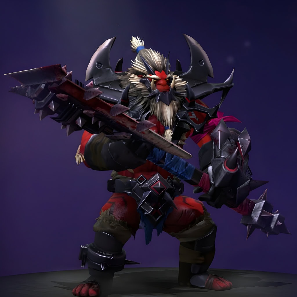 Axe's "Shackles of the Enduring Conscript" The International 2018 Collector's Cache II set. Transforms Mogul Khan into a faceless instrument of war, with jagged, dark-iron armor, a fearsome Horned Mask of Conquest, and a massive, serrated Conscript's Great-Axe.