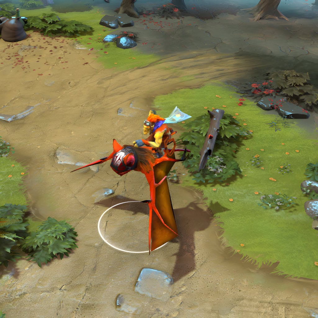 A gameplay screenshot of Batrider's default model in Dota 2. This serves as a baseline to contrast with the enhanced in-game visuals, unique mechanical parrot mount, and vibrant jungle explorer aesthetic of the Prized Acquisitions cosmetic set.
