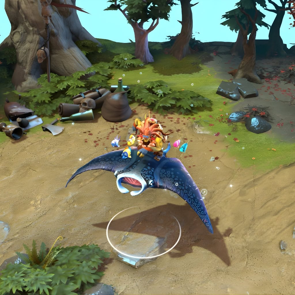 Batrider shown in-game wearing the Manta Marauder set. The massive, animated Manta Ray mount, detailed diver theme with octopus helmet, scuba gear, and the school of colorful fish are clearly visible, showcasing the set's full underwater grace and menace.