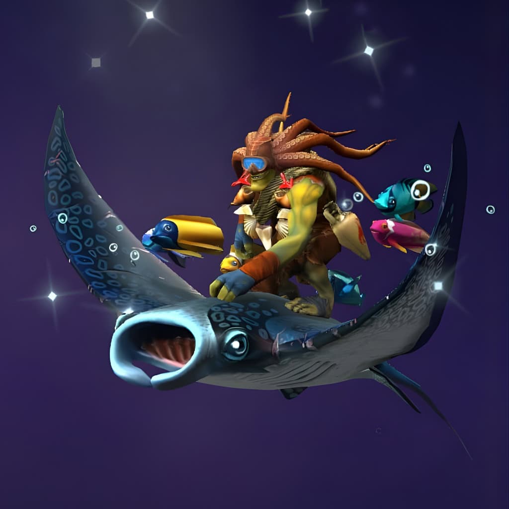 Batrider's "Manta Marauder" Mythical set from The International 2017 Collector's Cache. This skin transforms him into a deep-sea hunter, riding a colossal manta ray, with an octopus-adorned helmet, vintage scuba gear, and a school of colorful fish swimming alongside. He is shown mid-flight against a dark background.