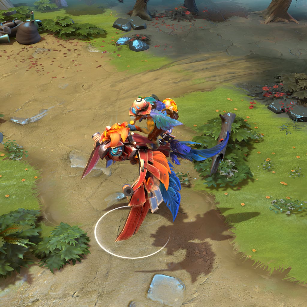 Batrider shown in-game wearing the Prized Acquisitions set. The exquisite mechanical parrot mount with vibrant plumage and intricate framework, Batrider's custom-designed helmet, goggles, and adventurous outfit are clearly visible, showcasing the set's full impact.