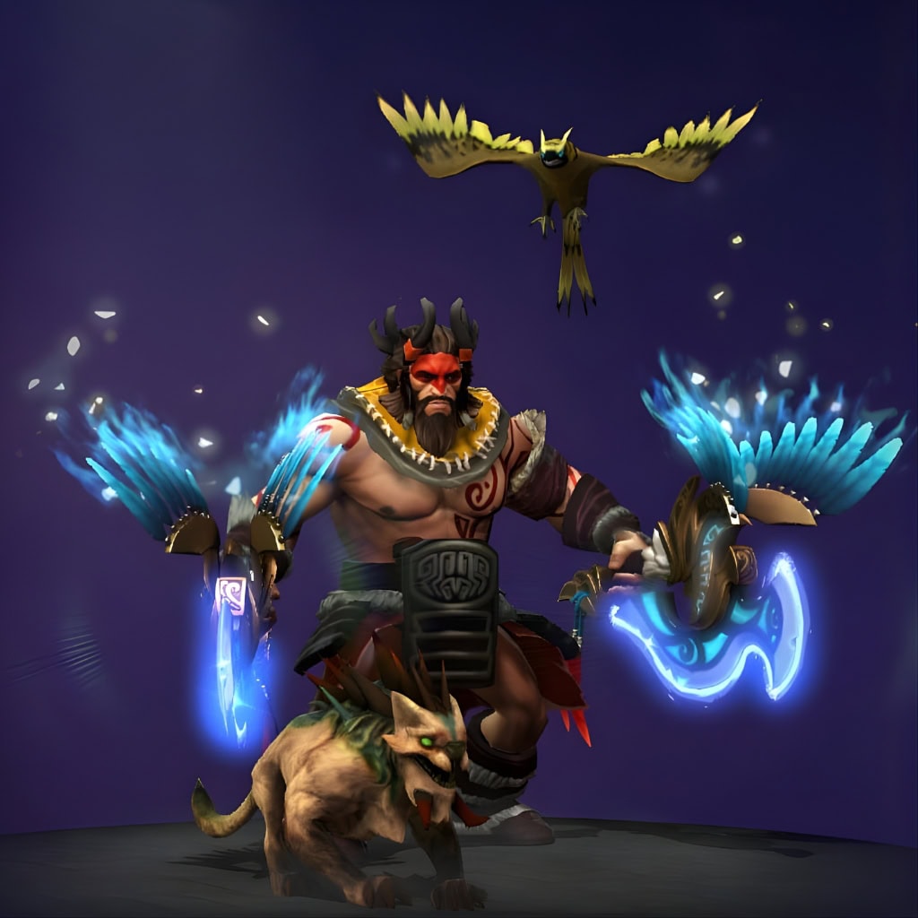 Dota 2 Immortal item, Primal Peacemaker, is a pair of axes for Beastmaster adorned with radiant blue feathers and elegant gold filigree.
