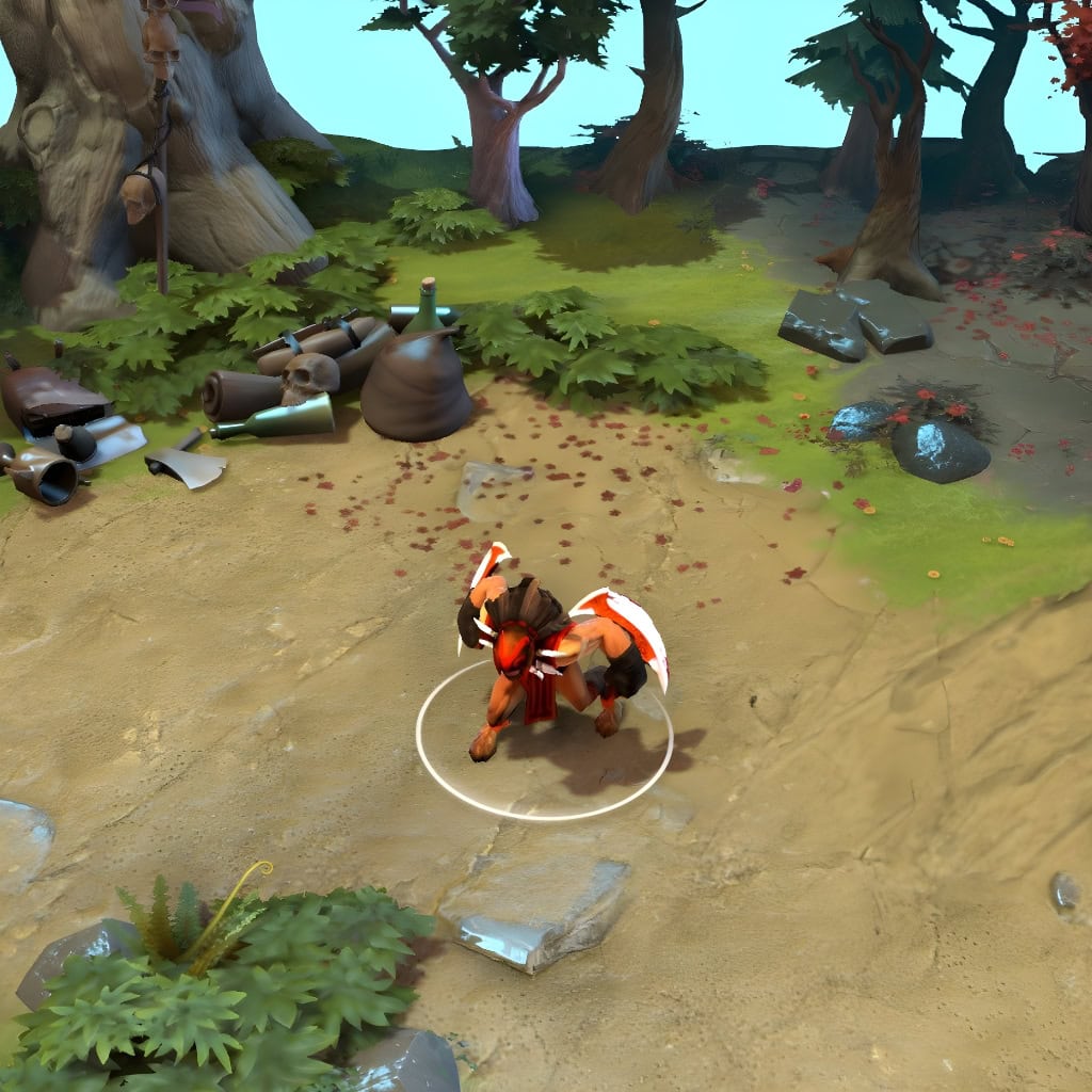 A gameplay screenshot of Bloodseeker's default model in Dota 2. This serves as a baseline to contrast with the aggressive bat-like visage, savage talons, and menacing chitinous armor of the Trail of the Sanguine Spectrum cosmetic set.