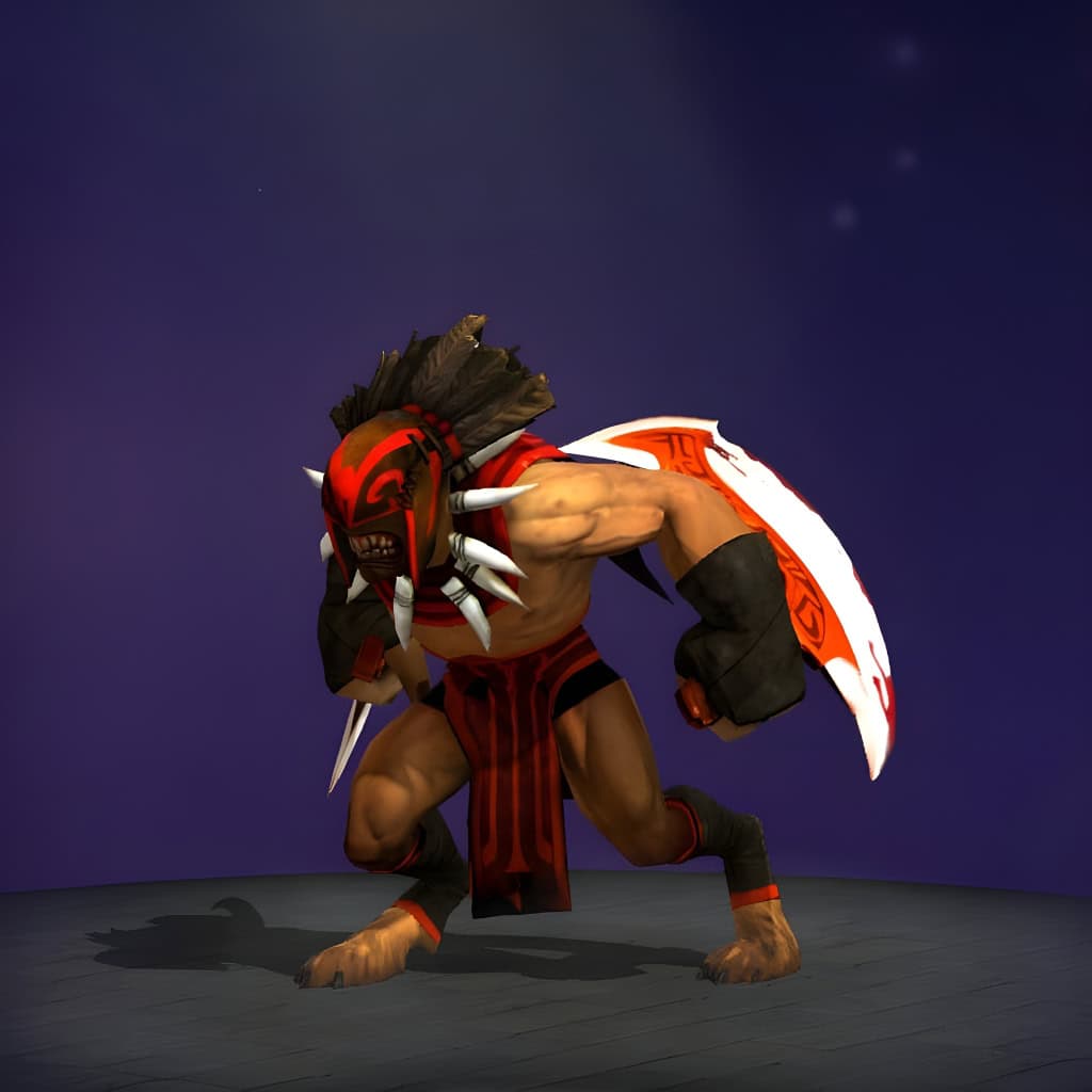 The default skin of Bloodseeker, shown for comparison with the Fury of the Bloodforge set. This highlights the transformation into a terrifying vision of molten rage with an infernal forged helm, massive molten core pauldrons, savage claw gauntlets, and an imposing, bulkier silhouette.