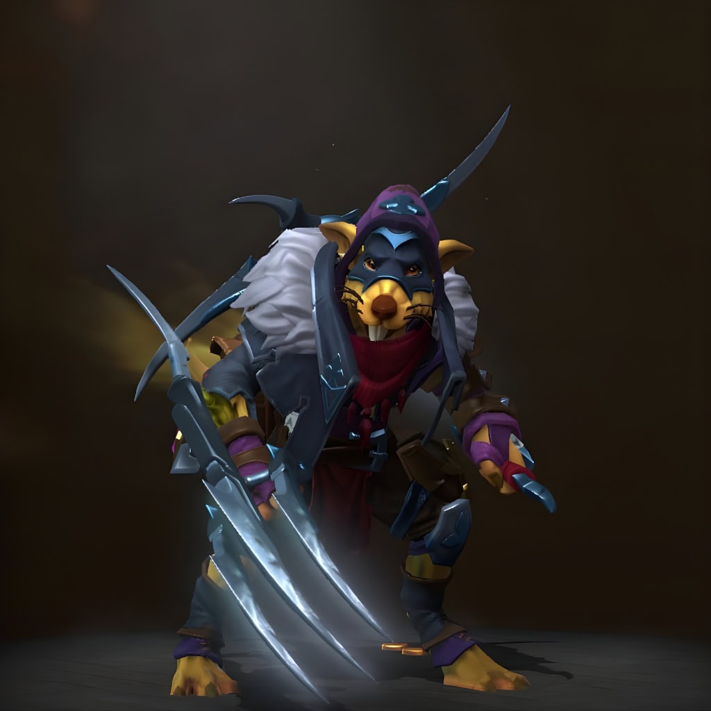 Verminator set for Bounty Hunter from the Winter 2024 Heroes Hoard. This Dota 2 skin features a dark hood, a rat-like mask, and wickedly sharp, oversized claws.