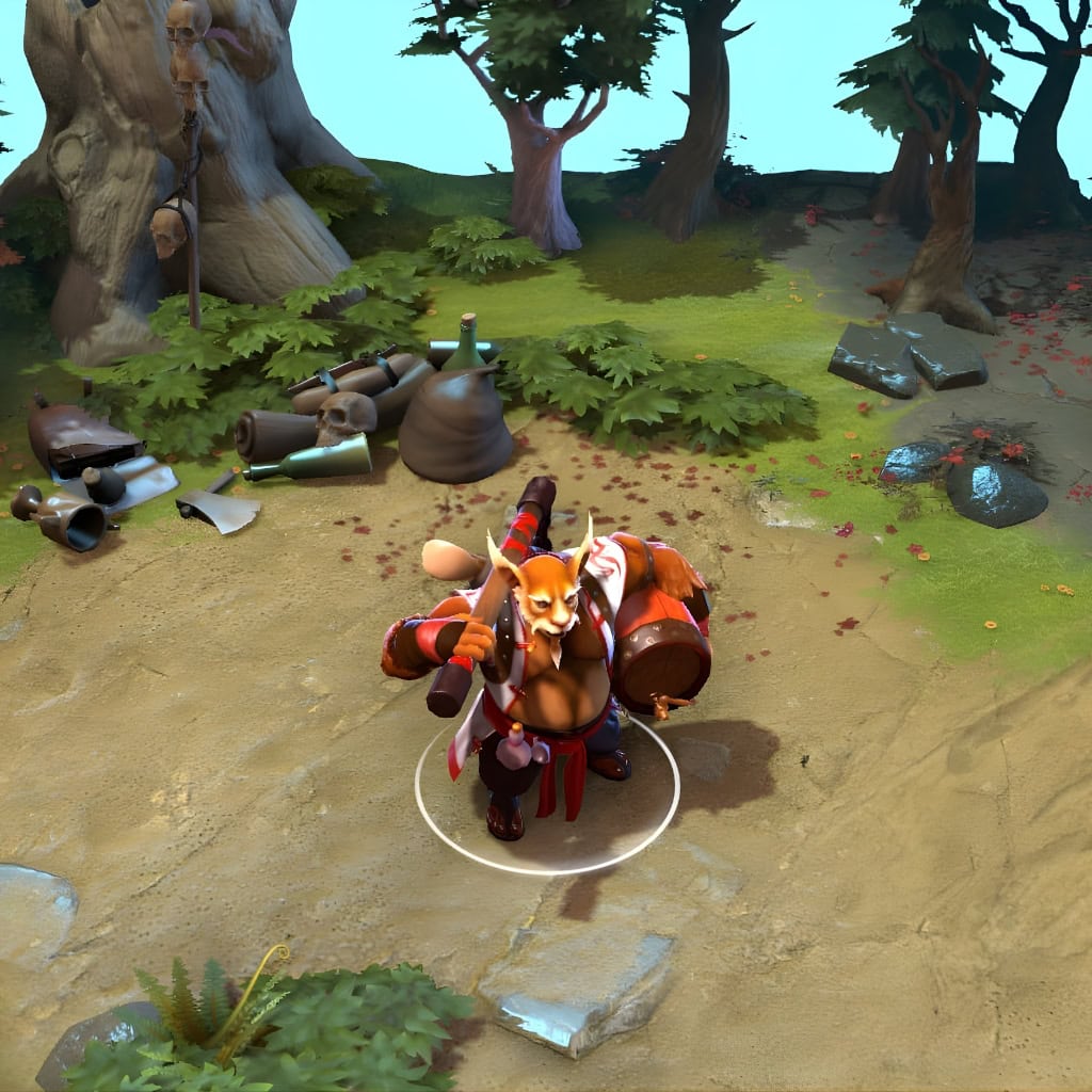 A gameplay screenshot of Brewmaster's default model in Dota 2. This serves as a baseline to contrast with the detailed cosmetic overhaul, signature cannon weapon, and wheeled supply cart that define the mobile rumrunner concept of the Rumrunner's Carronade set.