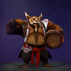 The default skin of Brewmaster, shown for comparison with The Wilding Tiger set. This highlights the transformation from his traditional pandaren form to a fierce tiger-headed warrior clad in ornate, samurai-inspired armor with a zodiac-etched pauldron and a demonic cask.