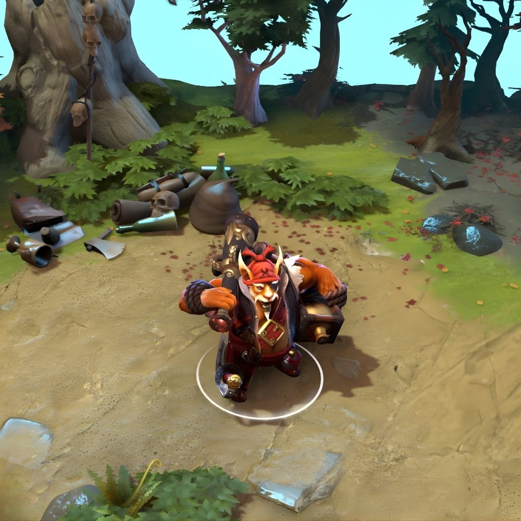 Brewmaster shown in-game wearing the Rumrunner's Carronade set. The unique rumrunner theme, huge shoulder-mounted cannon weapon, wheeled supply cart, rugged vest, and eyepatch are clearly visible, showcasing the set's full imposing presence and unique style of combat.