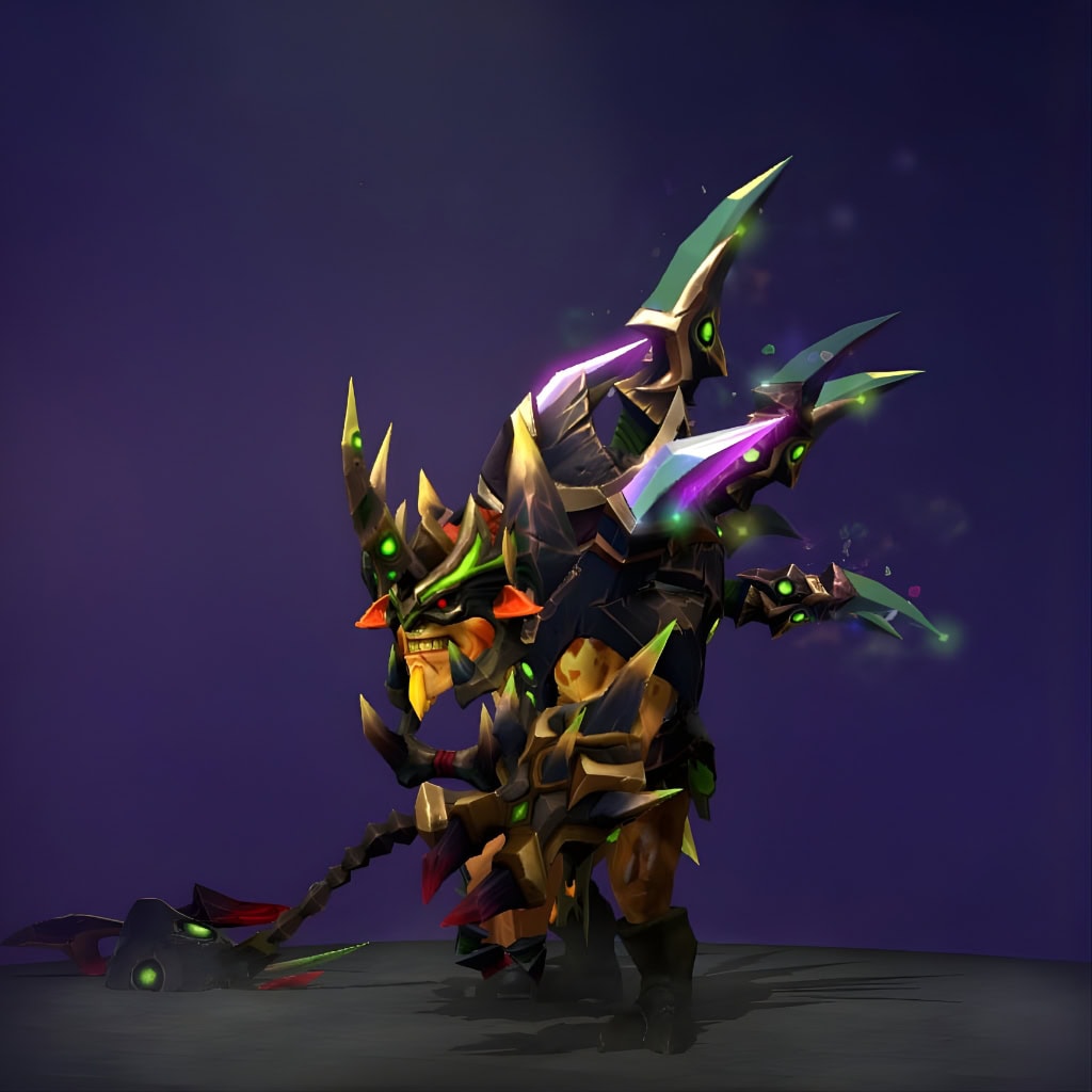 Bristleback's "Barbarous Blades" set from the Nemestice 2021 Themed Treasure. This set redefines his silhouette with a crystalline carapace featuring jagged magenta and sinister green crystal shards, a fearsome horned helmet with piercing green eyes, and a brutal iron mace embedded with glowing green crystals.
