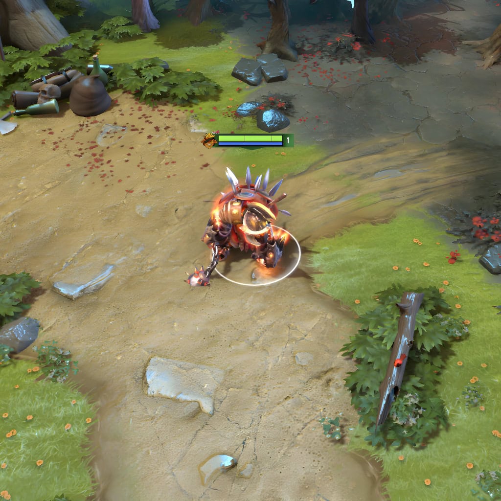Gameplay screenshot showcasing the Beast of the Crimson Ring set for Bristleback from The International 10 Collector's Cache II, highlighting his gladiator helm, spiked backplate, and smoldering crimson particle effects in action.