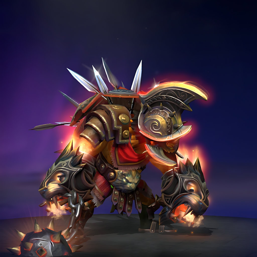 Image of the Beast of the Crimson Ring cosmetic set for Bristleback, from The International 10 Collector's Cache II in Dota 2, featuring a crimson-forged gladiator helm with sharp tusks, spiked arena pauldrons with smoldering fiery effects, brutal chained weaponry, and a captivating fiery glow enveloping his upper body.