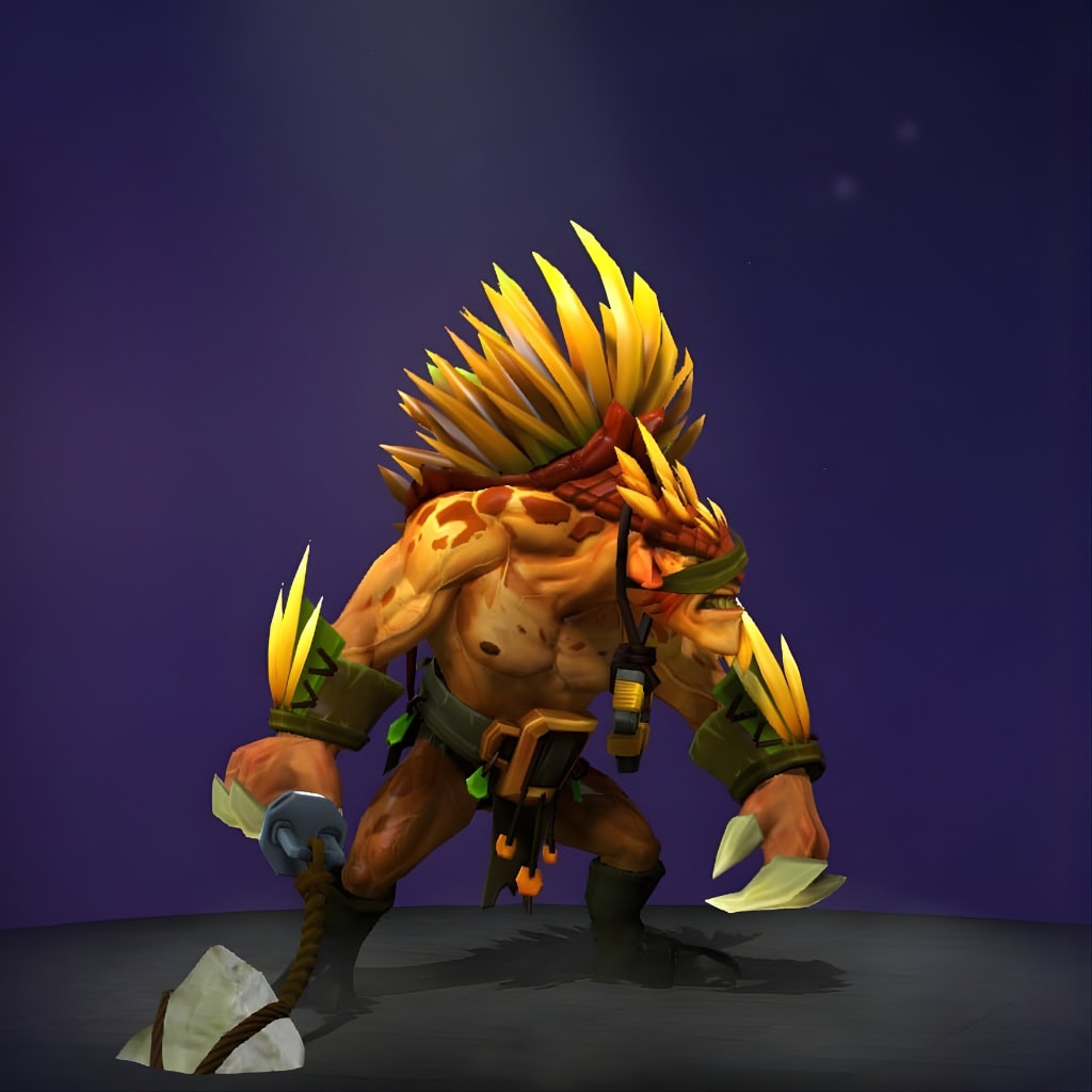 The default skin of Bristleback, shown for comparison with the Barbarous Blades set. This highlights the complete visual overhaul into a cosmic-powered, intimidating figure, contrasting his standard appearance with a crystalline carapace, fearsome horned helm, and a brutal mace.