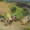 Broodmother shown in-game wearing the Automaton Antiquity set. The weathered, rune-etched mechanical spider chassis, vibrant moss, delicate yellow flowers, and luminous blue energy coursing through its joints are clearly visible, showcasing the set's unique silhouette and impact.
