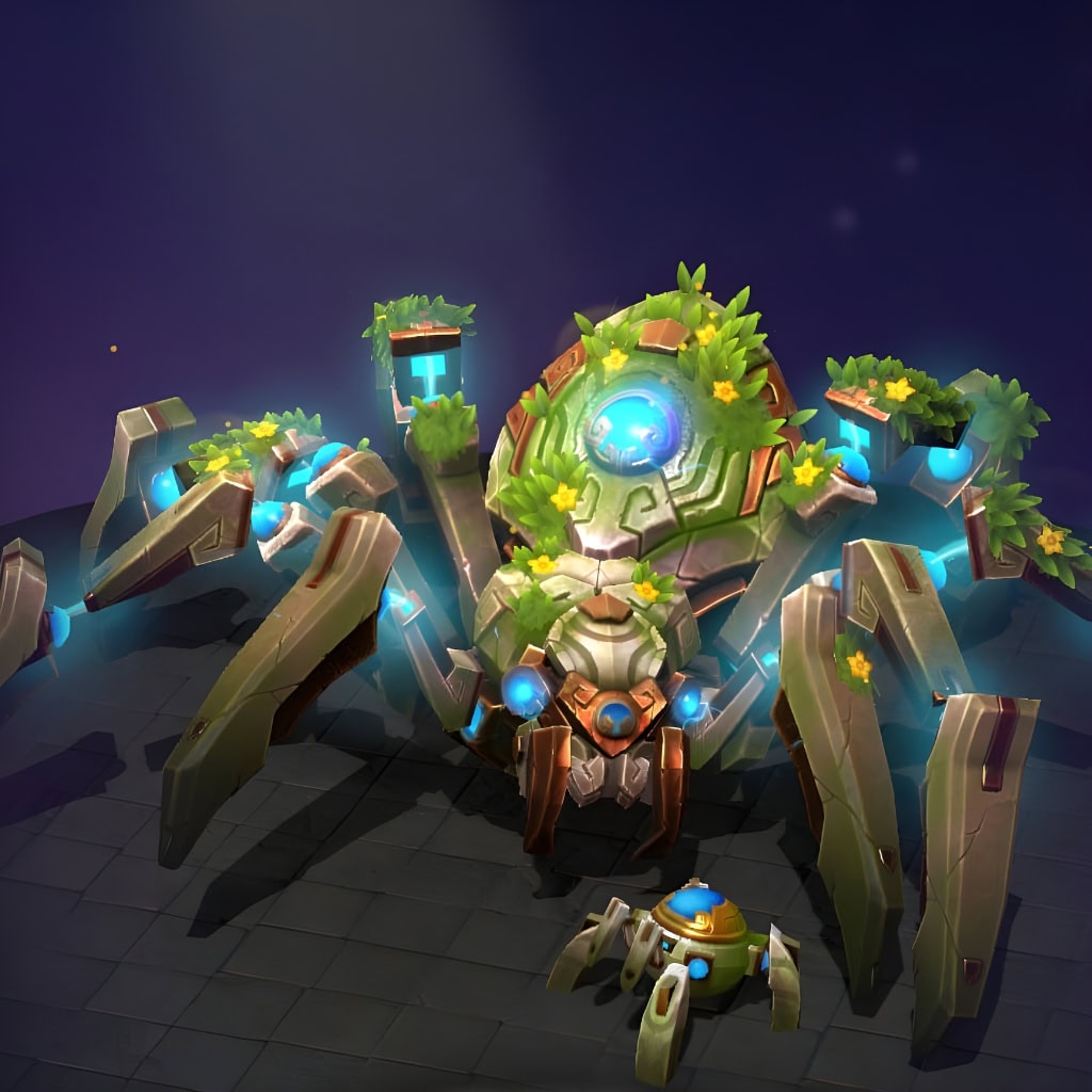 Broodmother's "Automaton Antiquity" from The International 2019 Collector's Cache 2. This set transforms her into an ancient automaton: a mechanical spider with weathered, rune-etched metal reclaimed by vibrant moss, plants, and yellow flowers. Luminous blue energy pulses through its core and articulated joints, creating a truly unique silhouette.