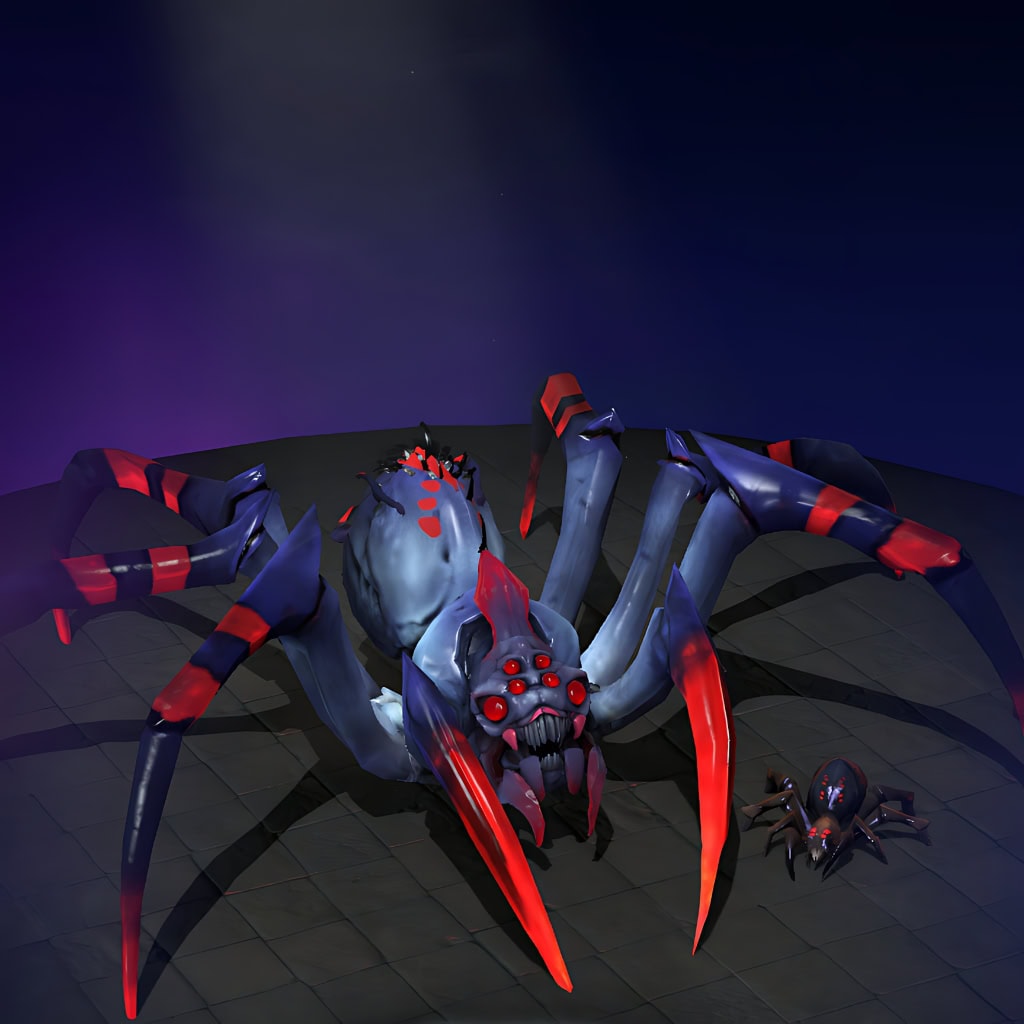 The default skin of Broodmother, shown for comparison with the Widow of the Undermount Gloom set. This highlights the transformation into a terrifying form with sinister glowing eyes, an obsidian carapace, sharp crimson legs, and thematic spiderlings.