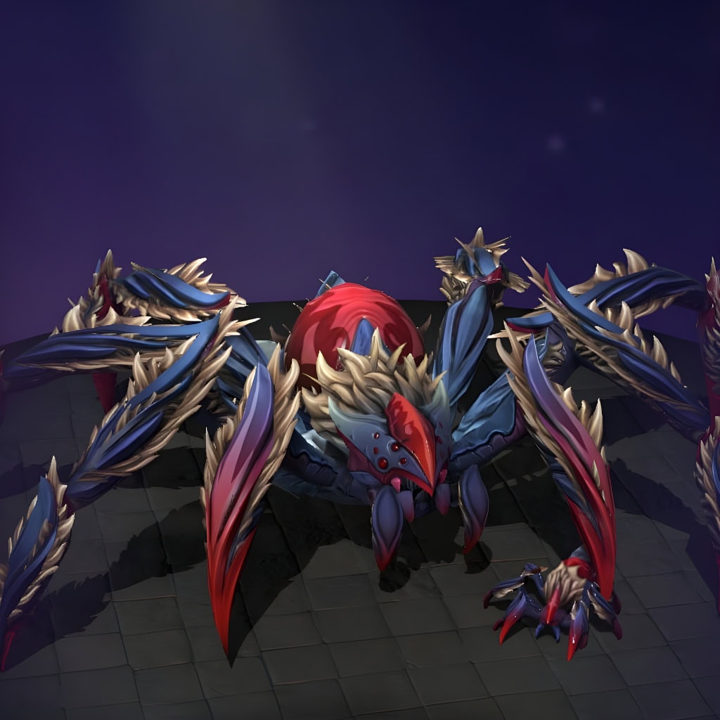 Broodmother's "Pattern of the Silken Queen" The International 2018 Collector's Cache II set. Transforms her into a magnificent, chitinous form of royal blue and deep crimson armor. Features a prominent head-crest and menacing, crimson-tipped legs, emphasizing her regal silhouette.