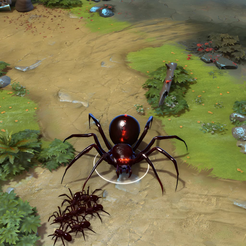 Broodmother shown in-game wearing the Widow of the Undermount Gloom set. The sinister glowing red eyes, obsidian carapace with crimson core, and sharp crimson legs are clearly visible. A smaller, thematic spiderling is also shown, showcasing the set's full impact during gameplay.