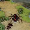 Broodmother shown in-game wearing the Widow of the Undermount Gloom set. The sinister glowing red eyes, obsidian carapace with crimson core, and sharp crimson legs are clearly visible. A smaller, thematic spiderling is also shown, showcasing the set's full impact during gameplay.