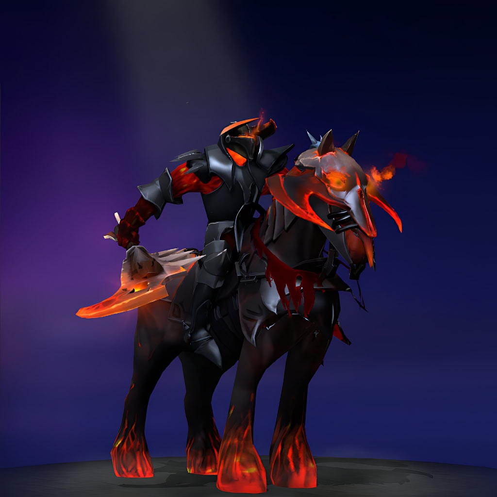 The default skin of Chaos Knight, shown for comparison with the Wrath of the Celestial Sentinel set. This highlights the transformation into an aura of otherworldly might, featuring a majestic celestial Qilin mount, ornate fiery armor, and an imposing horned visage.