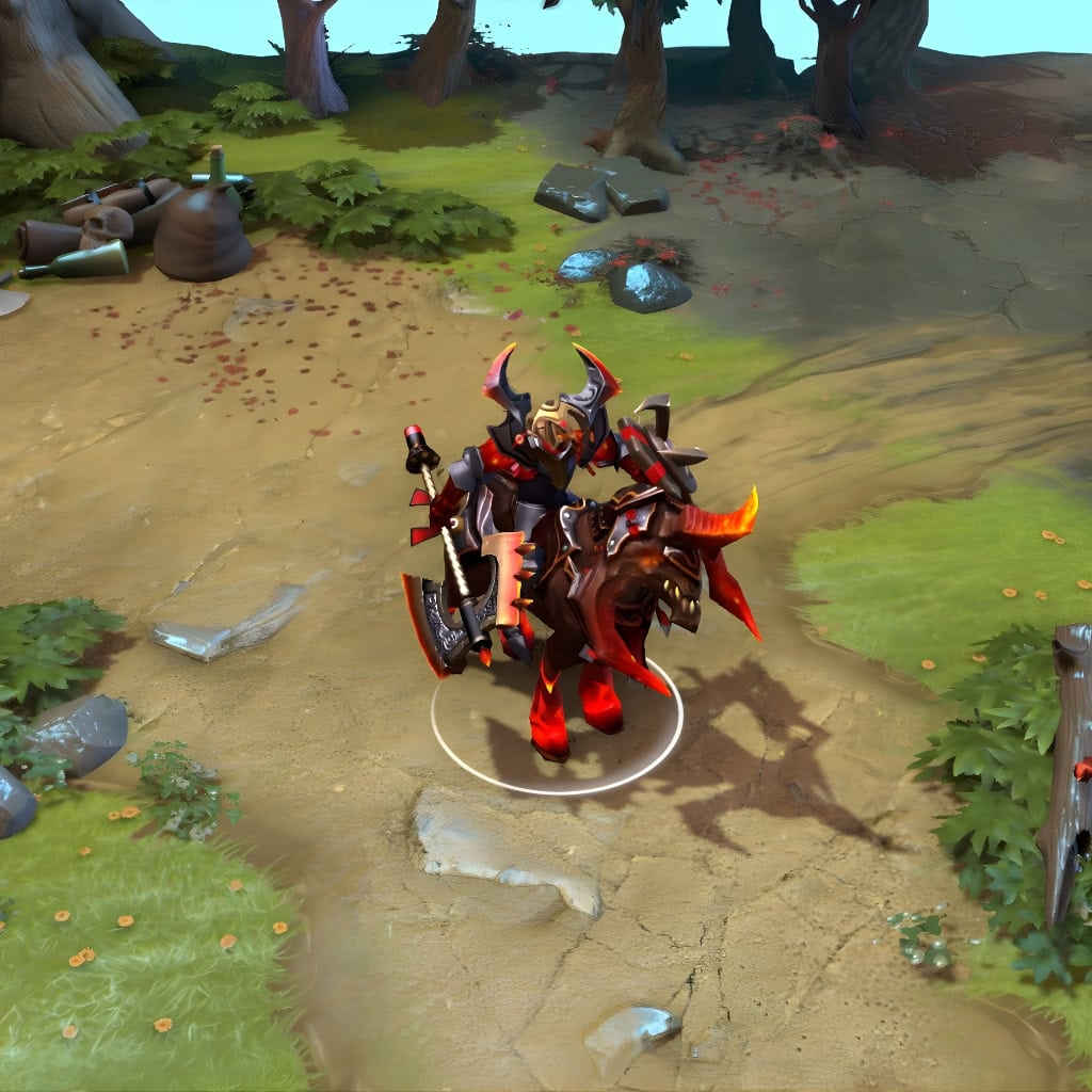 Chaos Knight in-game wearing the Oni Knight the Dark Conqueror set from The International 2016 Collector's Cache. The Oni mask, crimson and dark steel armor, monstrous horned mount with fiery hooves, and colossal axe with a super-heated edge are clearly visible, showcasing its full impact.