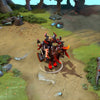 Chaos Knight in-game wearing the Oni Knight the Dark Conqueror set from The International 2016 Collector's Cache. The Oni mask, crimson and dark steel armor, monstrous horned mount with fiery hooves, and colossal axe with a super-heated edge are clearly visible, showcasing its full impact.